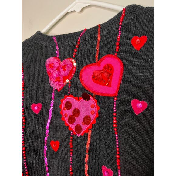 1990s Jane's Closet Red Pink Valentines Day Hearts Love Sparkle Glam Cardigan XL - Picture 5 of 6
